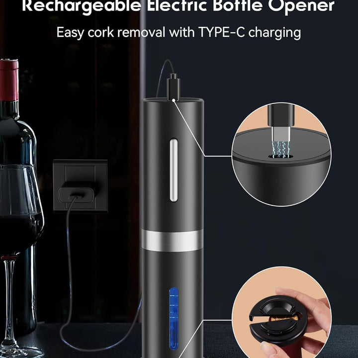 Saca-rolhas elétrico USB 6 em 1, abridor de garrafas de vinho, abre-garrafas sem fio, conjunto com cortador de papel e tampa a vácuo e cabo de carregamento USB